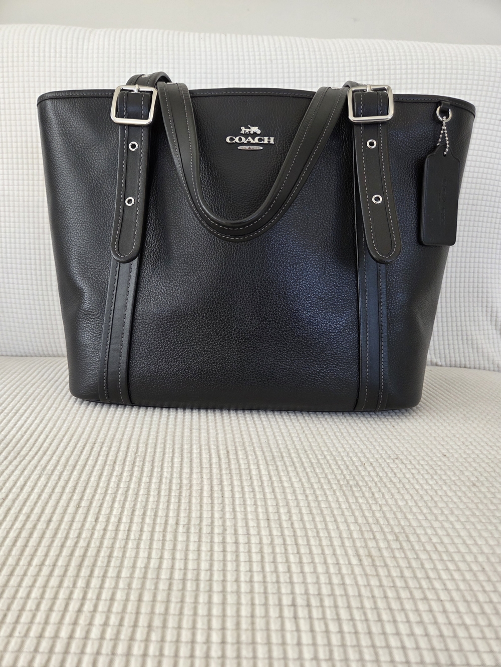 Coach "Ashton" Black Pebble Leather Tote with Buckle Straps